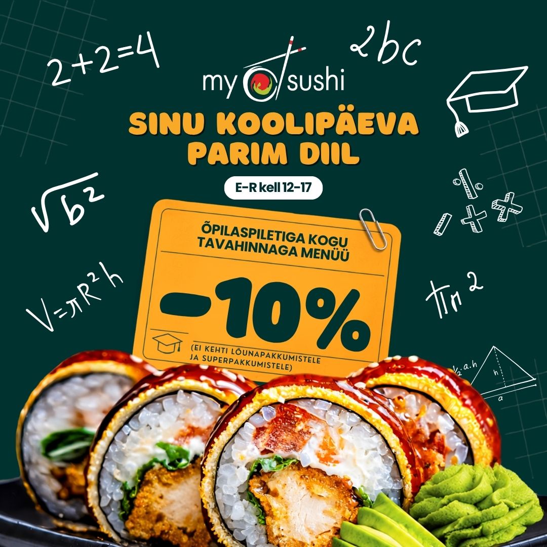 Näita E–R kell 12–17 õpilaspiletit ja saad kogu tavahinnaga menüüst –10%.
The post Koolipäeva parim diil appeared first on MySushi.